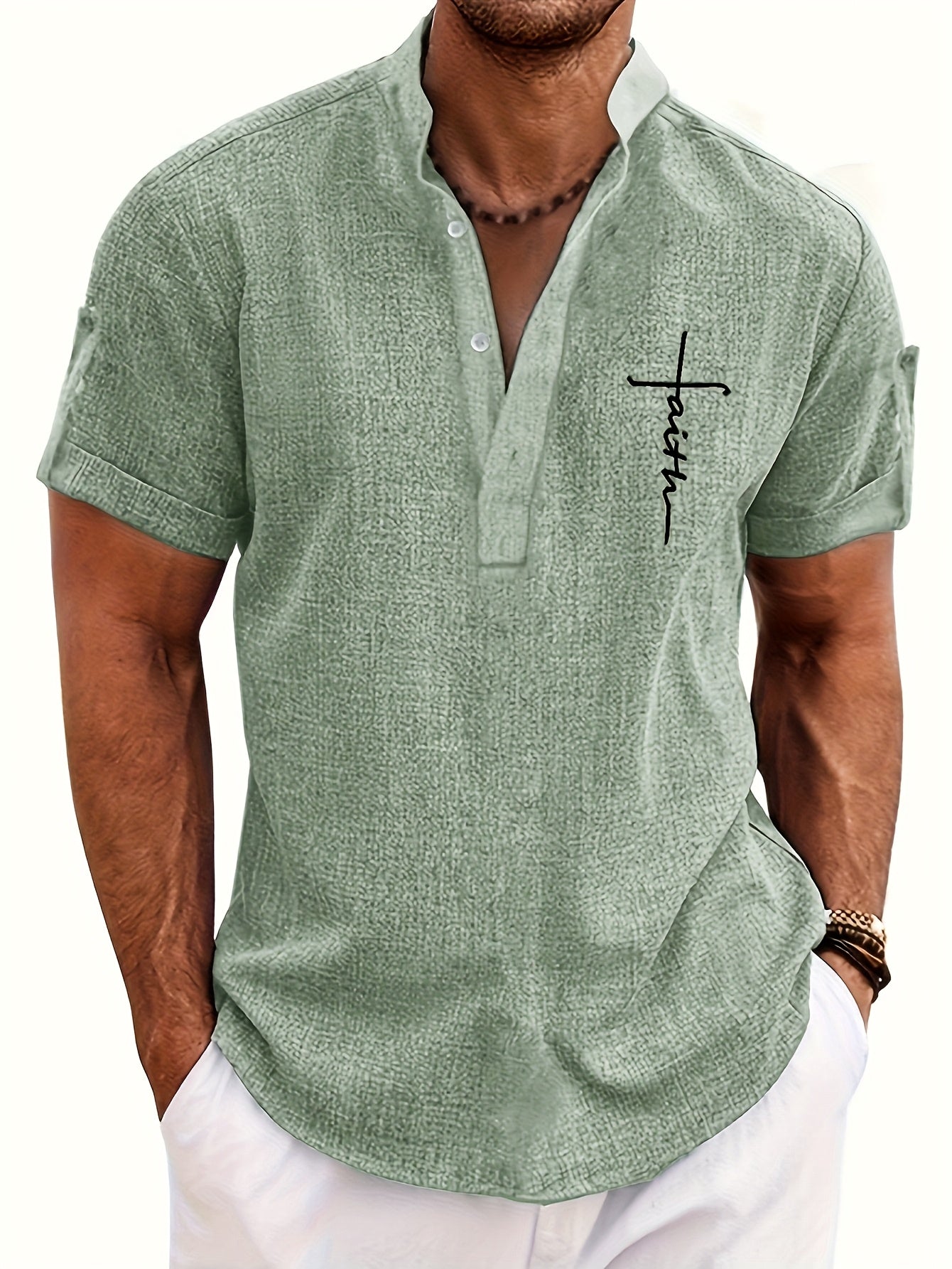 Mens Casual Graphic Print Short Sleeve Stand Collar Breathable Shirt