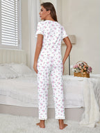 Womens Cosy Elegant Floral Print V-Neck Lace Trim Short Sleeve Pyjama Set
