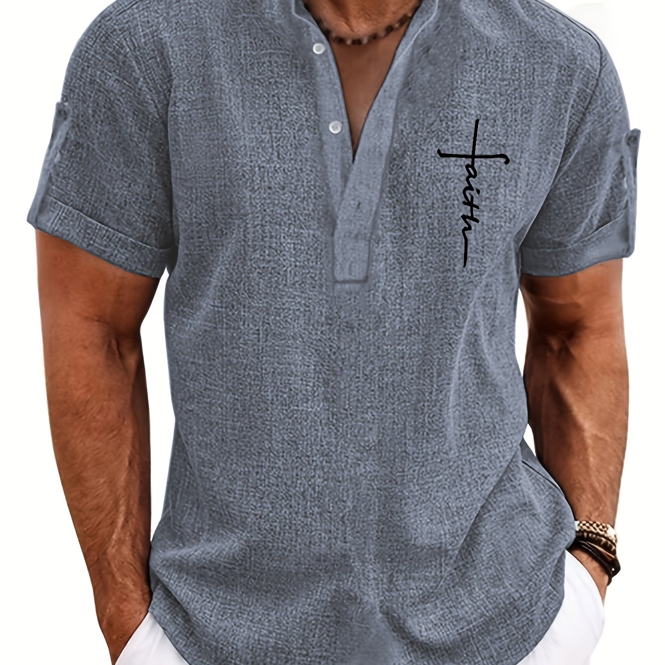 Mens Casual Graphic Print Short Sleeve Stand Collar Breathable Shirt