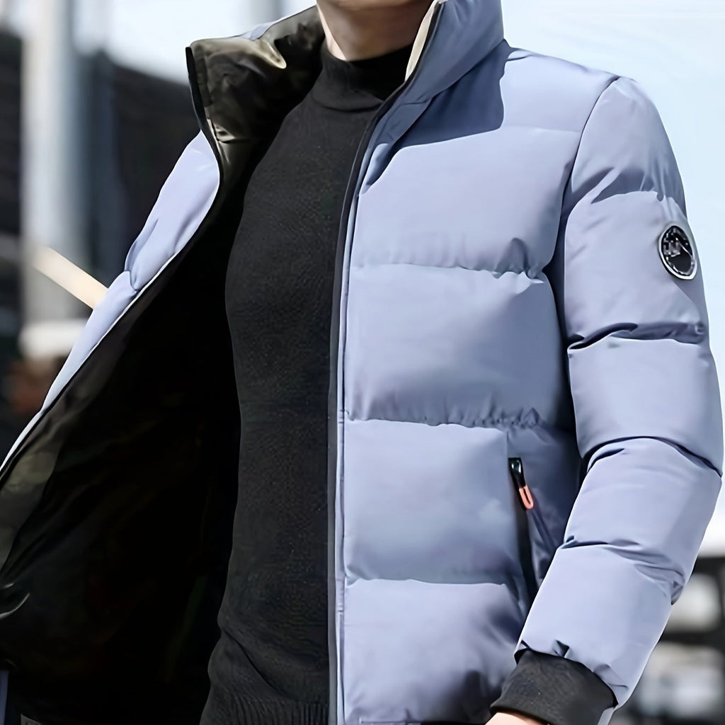 Mens Casual Thick Padded Loose Fit Stand Collar Zip Up Jacket