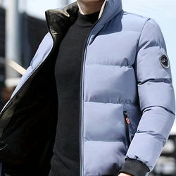 Mens Casual Thick Padded Loose Fit Stand Collar Zip Up Jacket