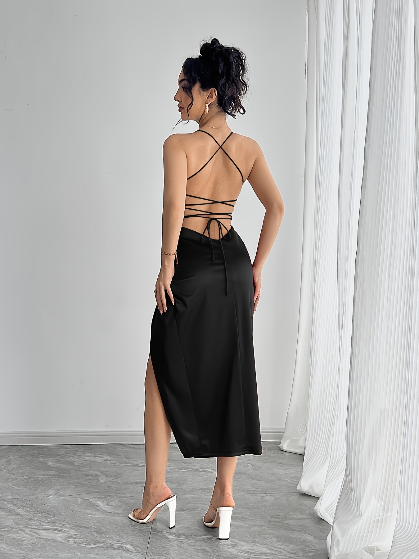 Womens Elegant Deep Neck High Thigh Slit Twist Detail Spaghetti Strap Dress for Women