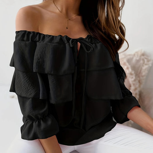 Womens Off-Shoulder Chiffon Ruffled Top With Adjustable Tie Straps