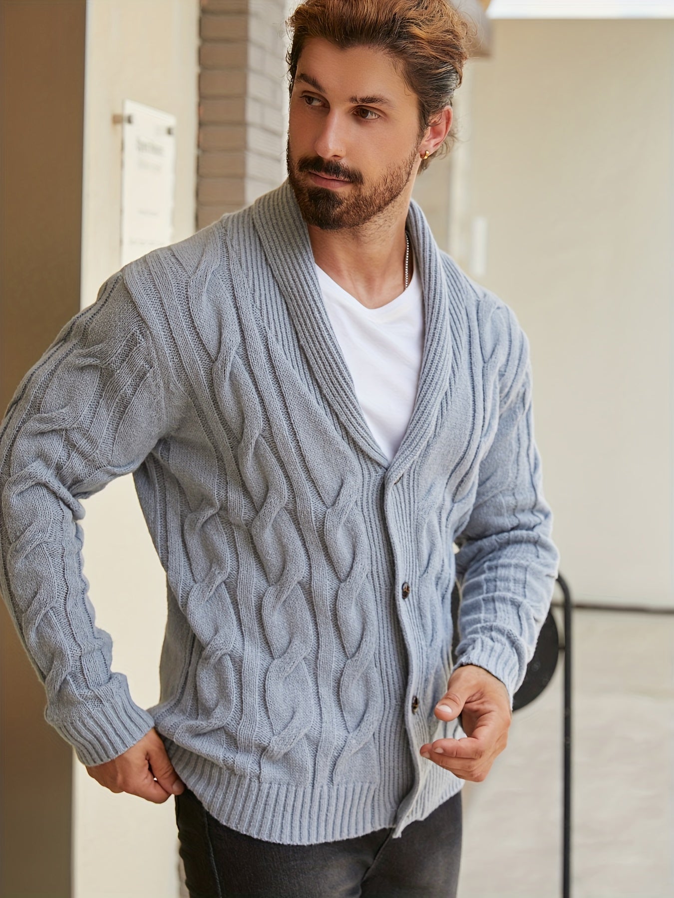Mens Geometric Print Casual Long Sleeve Knitted Lapel Button Up Sweater