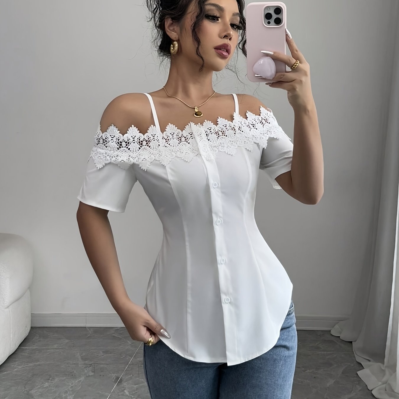 Womens Elegant White Off-Shoulder Laced Cinched Waist Short Sleeve Top