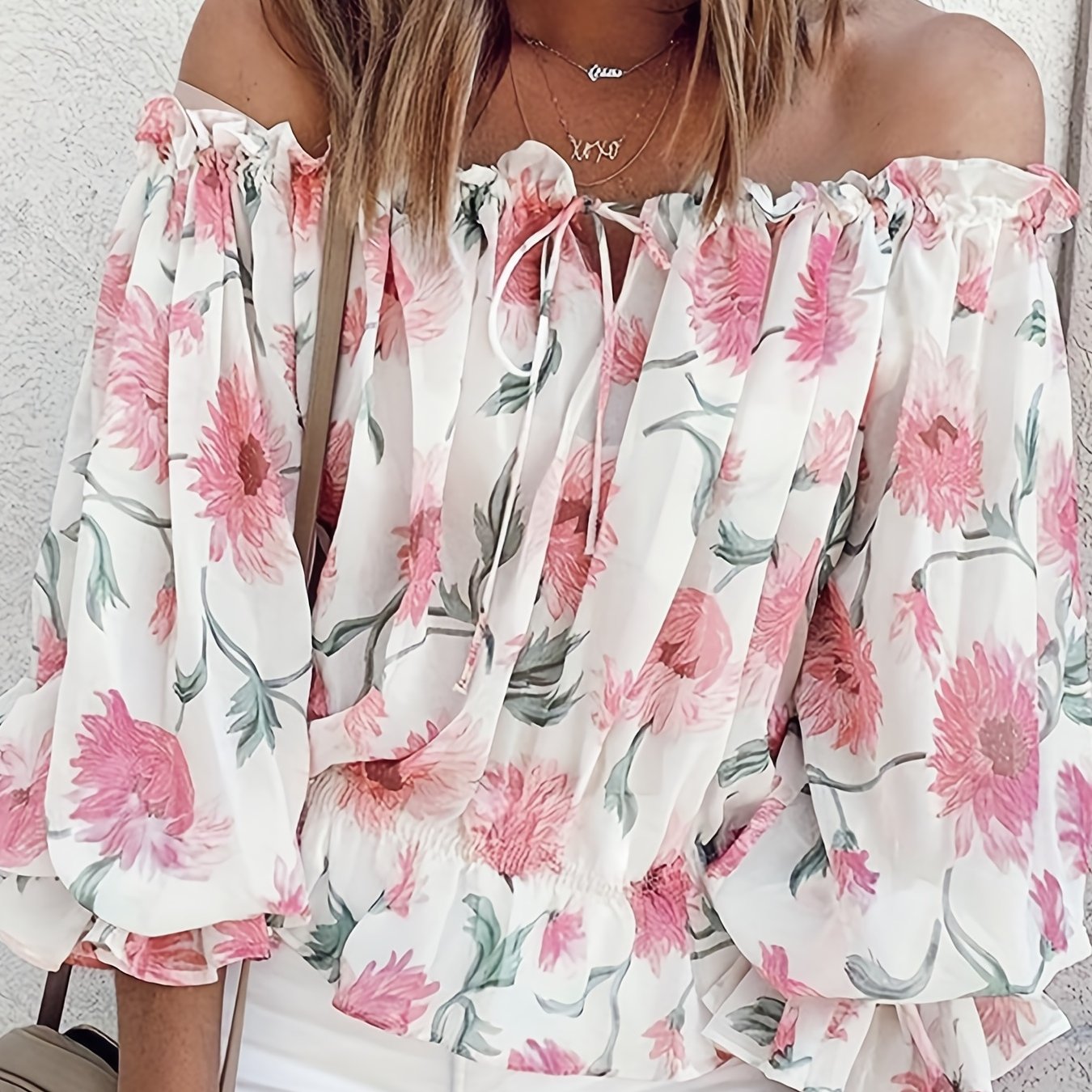 Womens Lightweight Off-Shoulder Semi-Sheer Pleated Lantern Sleeves Loose Fit Top