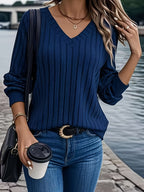 Womens Casual V-Neck Long Sleeve Ribbed Loose Fit Sweater