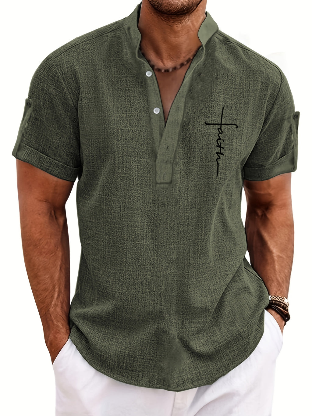 Mens Casual Graphic Print Short Sleeve Stand Collar Breathable Shirt