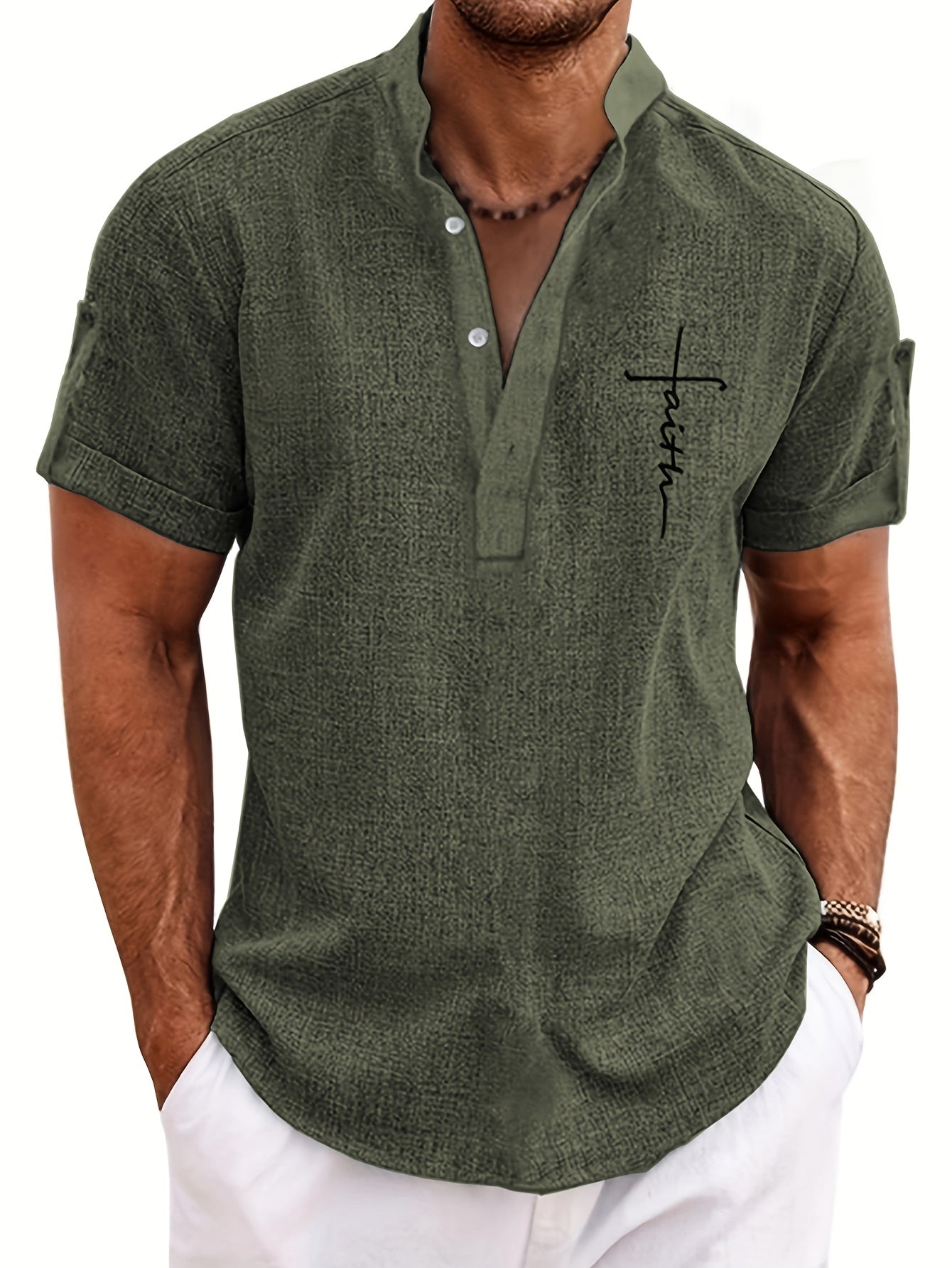 Mens Casual Graphic Print Short Sleeve Stand Collar Breathable Shirt