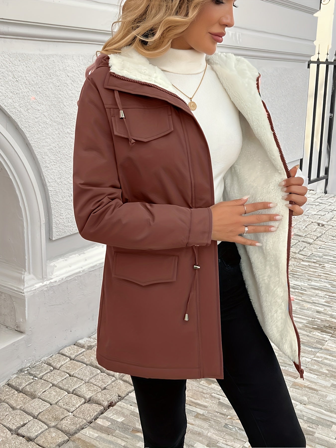 Womens Casual Hooded Solid Colour Non-Stretch Drawstring Lightweight Jacket