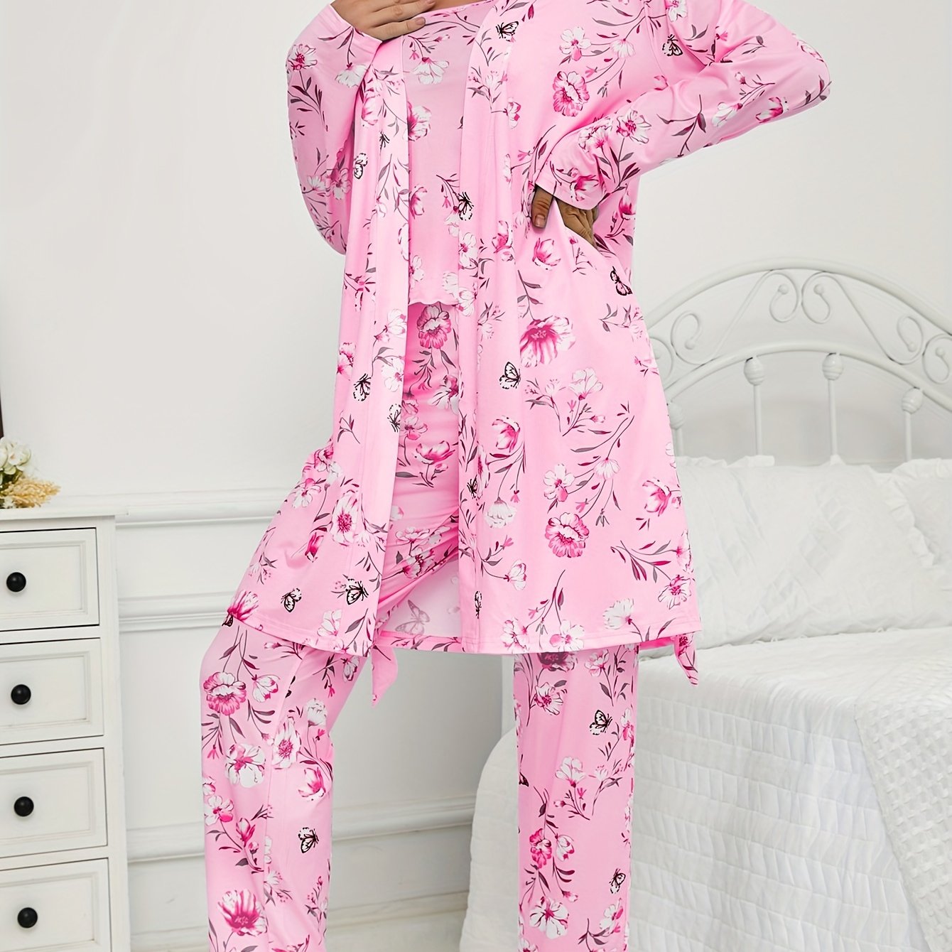 Womens 3 Piece Floral & Butterfly Print Long Pants Long Sleeve Belted Robe, Casual Crew Neck Top Nightwear Set