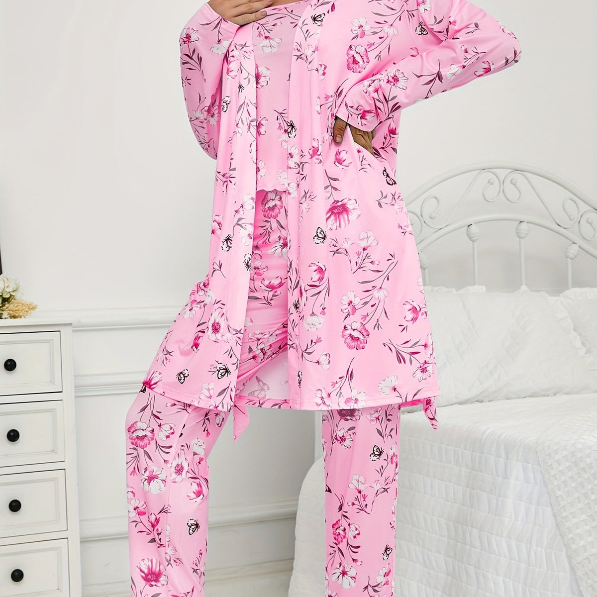 Womens 3 Piece Floral & Butterfly Print Long Pants Long Sleeve Belted Robe, Casual Crew Neck Top Nightwear Set