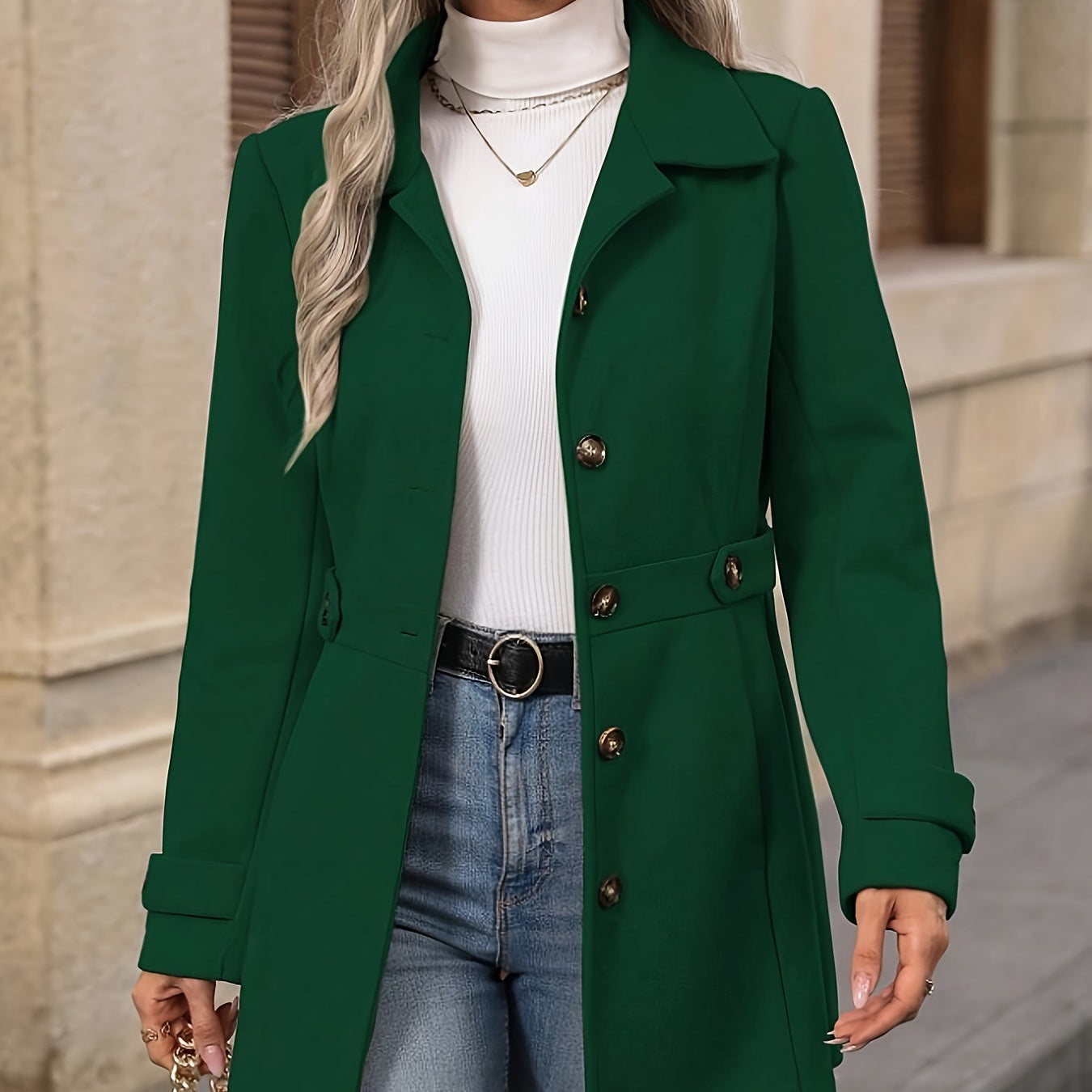 Womens Elegant Tweed Slim-Fit Lapel Collar Belted Waist Winter Coat