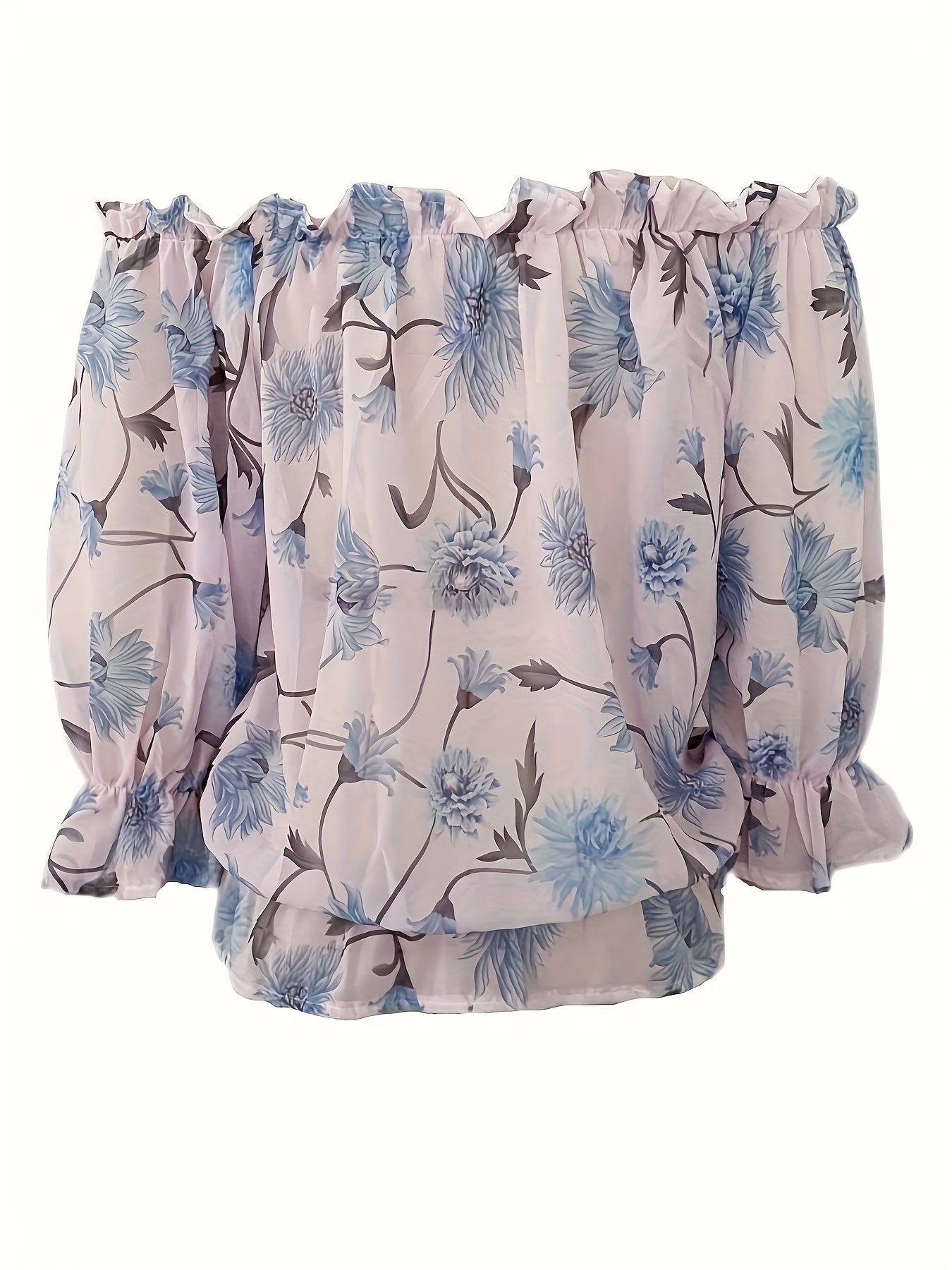 Womens Lightweight Off-Shoulder Semi-Sheer Pleated Lantern Sleeves Loose Fit Top