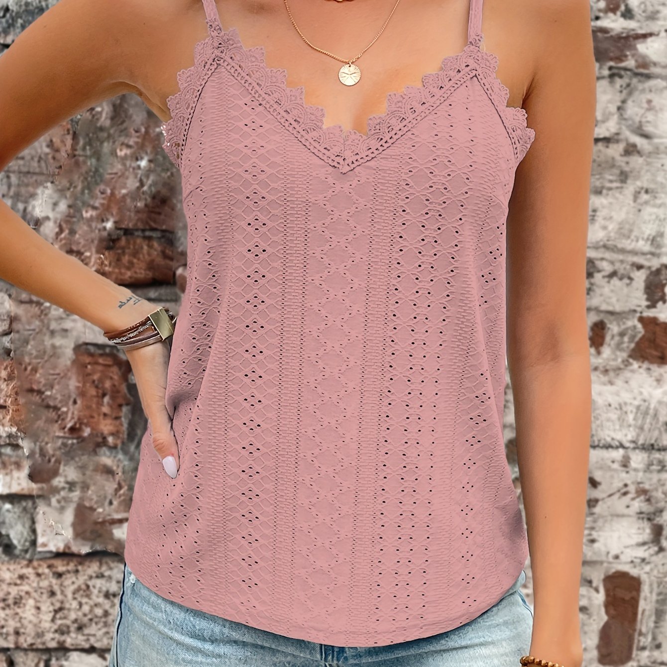 Womens Casual Eyelet Lace V-Neck Spaghetti Straps Vest Top
