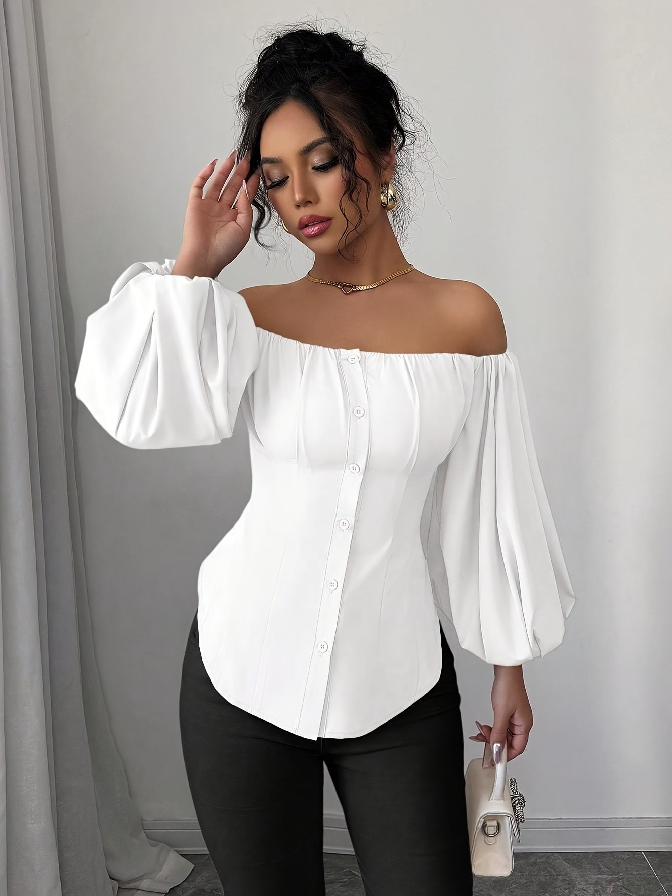 Womens Elegant Off-Shoulder Puff Sleeve Slim Fit Solid Colour Top