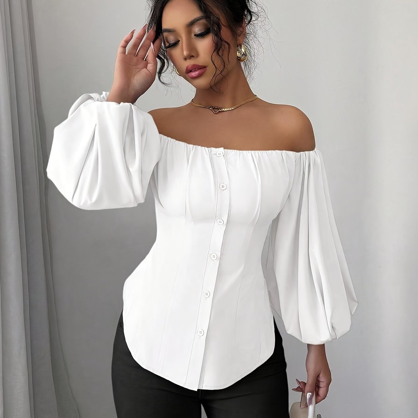 Womens Elegant Off-Shoulder Puff Sleeve Slim Fit Solid Colour Top