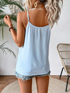 Womens Striped Sleeveless V-Neck Hollow Out Floral Lace Top