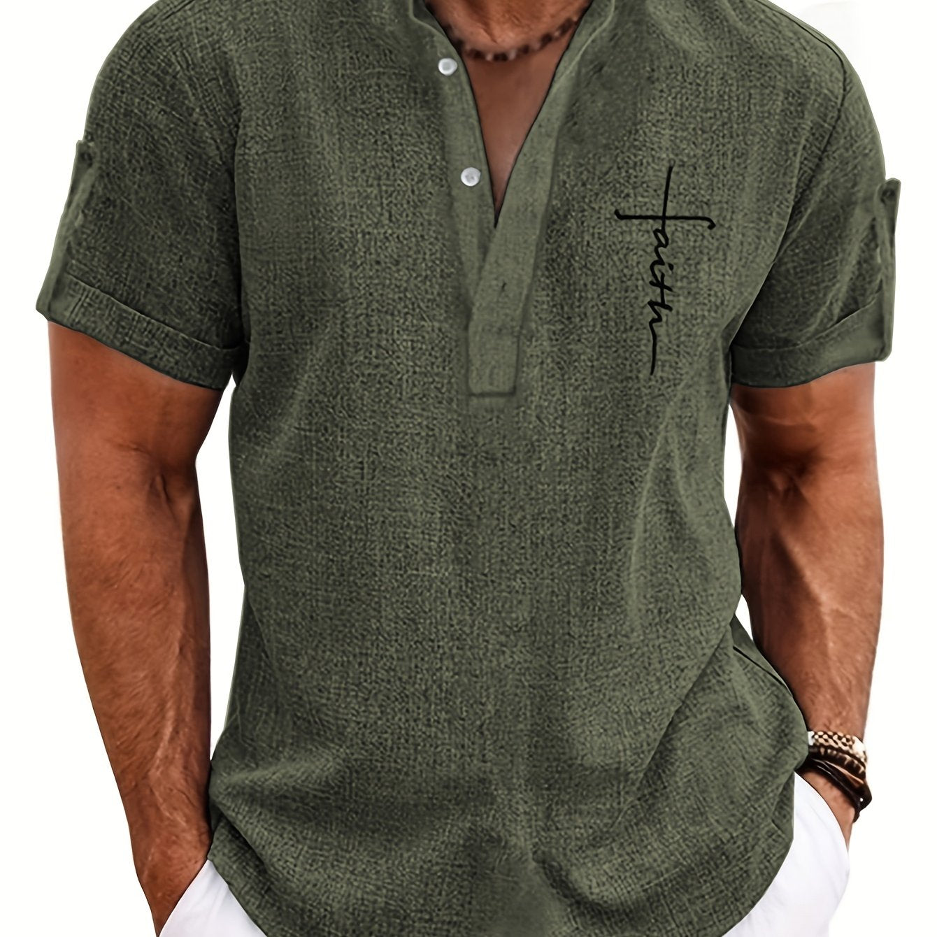 Mens Casual Graphic Print Short Sleeve Stand Collar Breathable Shirt