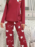 Womens Heart Pattern Long Sleeve & Pants Round Neck Loose Fit Pyjama Set
