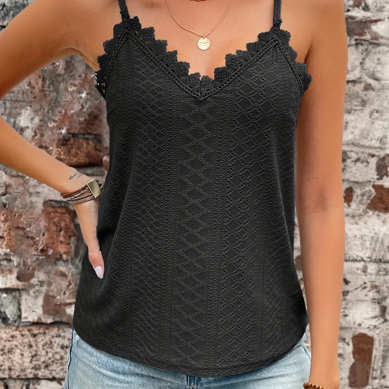 Womens Casual Eyelet Lace V-Neck Spaghetti Straps Vest Top