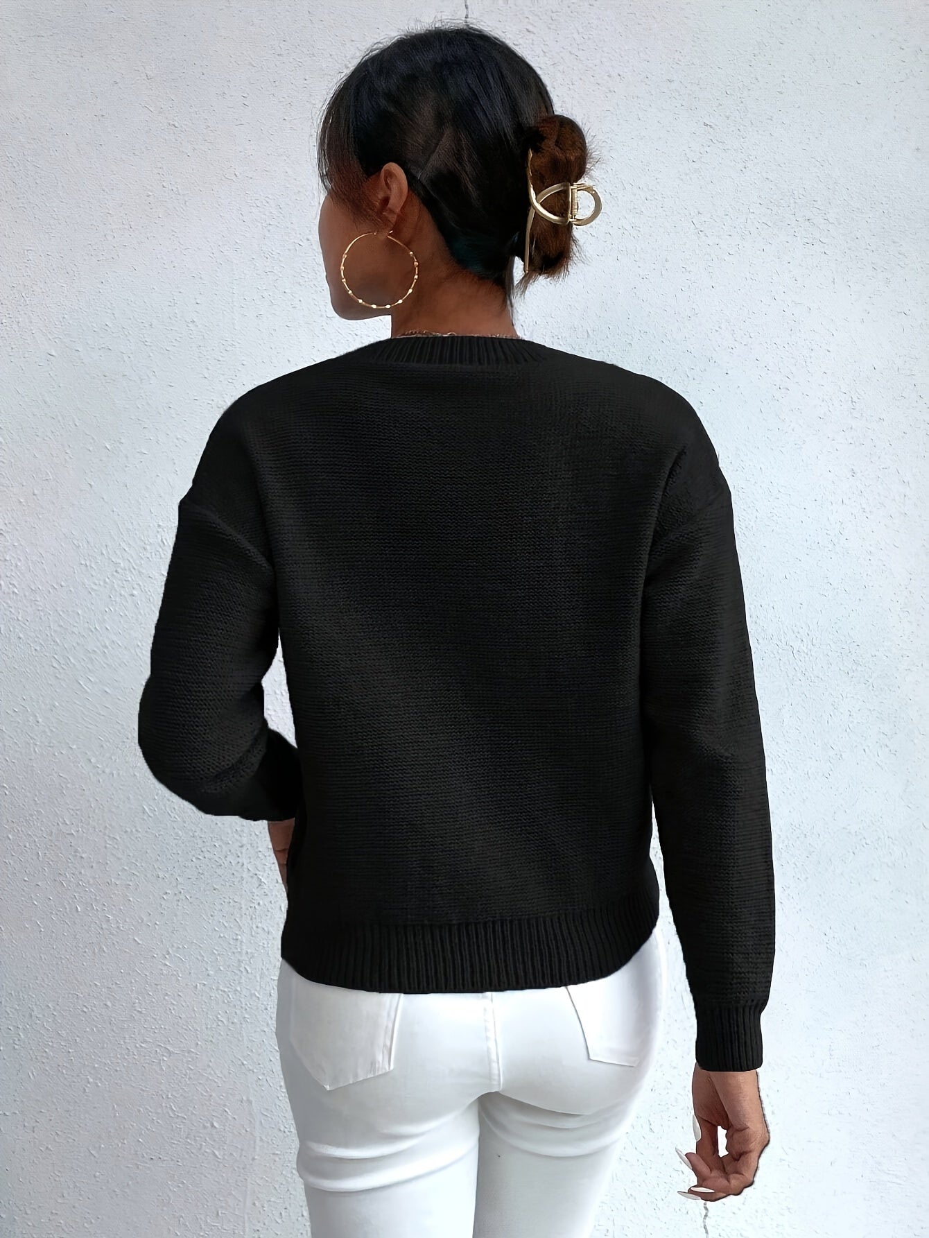 Womens Casual Round Neck Chunky Drop Shoulder Solid Colour Jumper