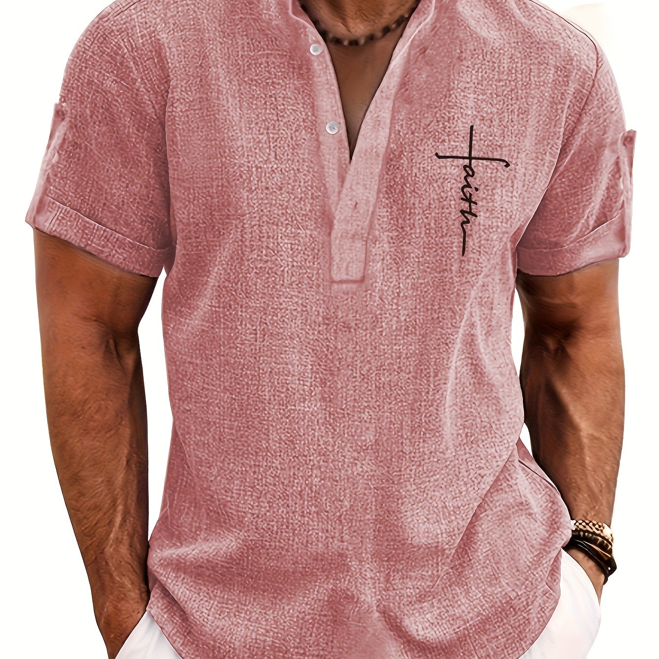Mens Casual Graphic Print Short Sleeve Stand Collar Breathable Shirt