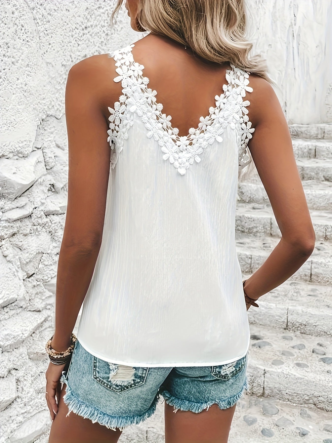 Womens Casual Solid Colour Contrast Lace Panel Cami Top