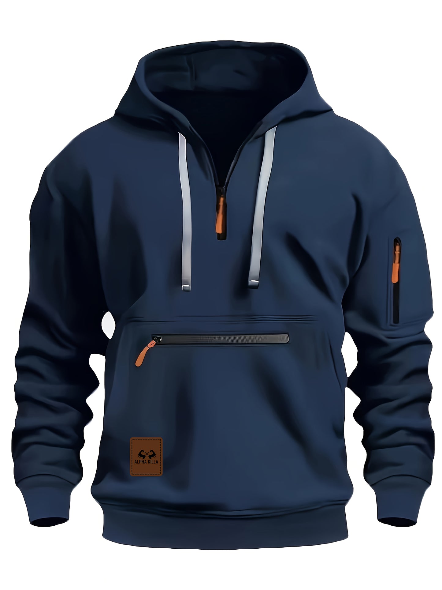Mens Casual Hooded Zipper Pockets Half Zip Collar Solid Colour Pullover Sweatshirt