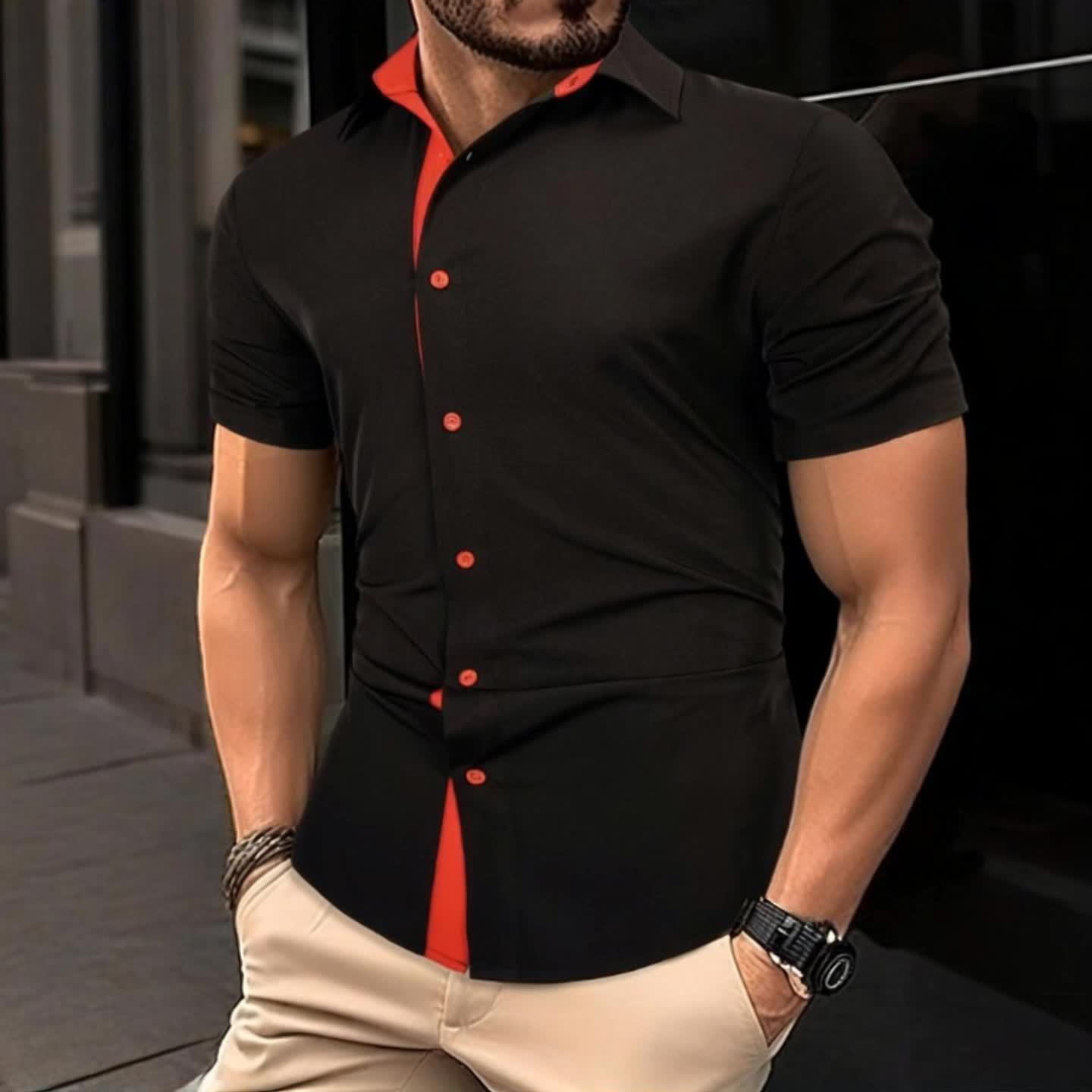 Mens Basic Short Sleeve Button Casual Lapel Collar Shirt