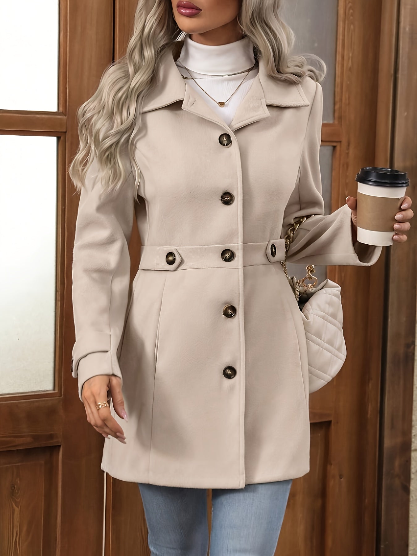 Womens Elegant Tweed Slim-Fit Lapel Collar Belted Waist Winter Coat