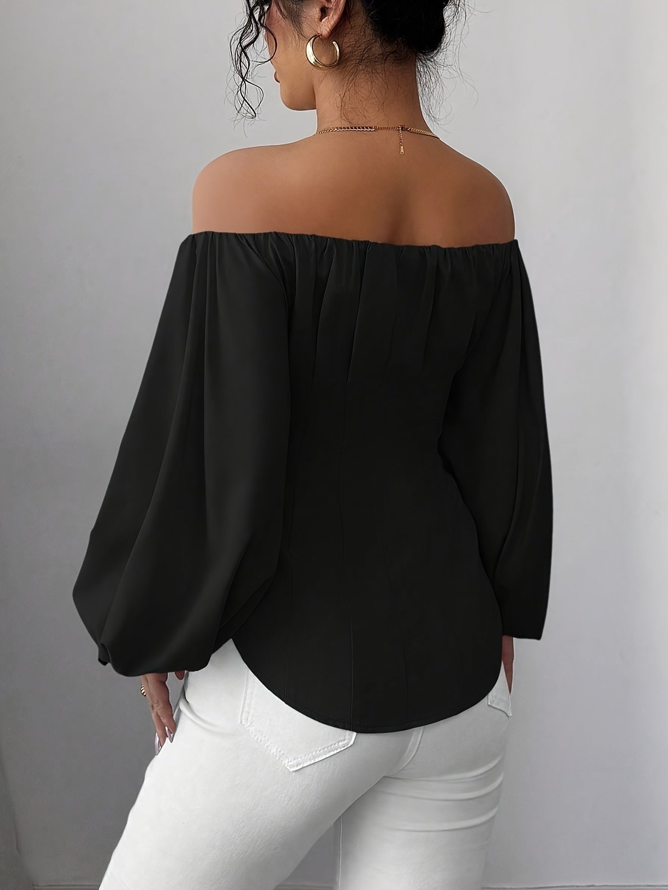 Womens Elegant Off-Shoulder Puff Sleeve Slim Fit Solid Colour Top