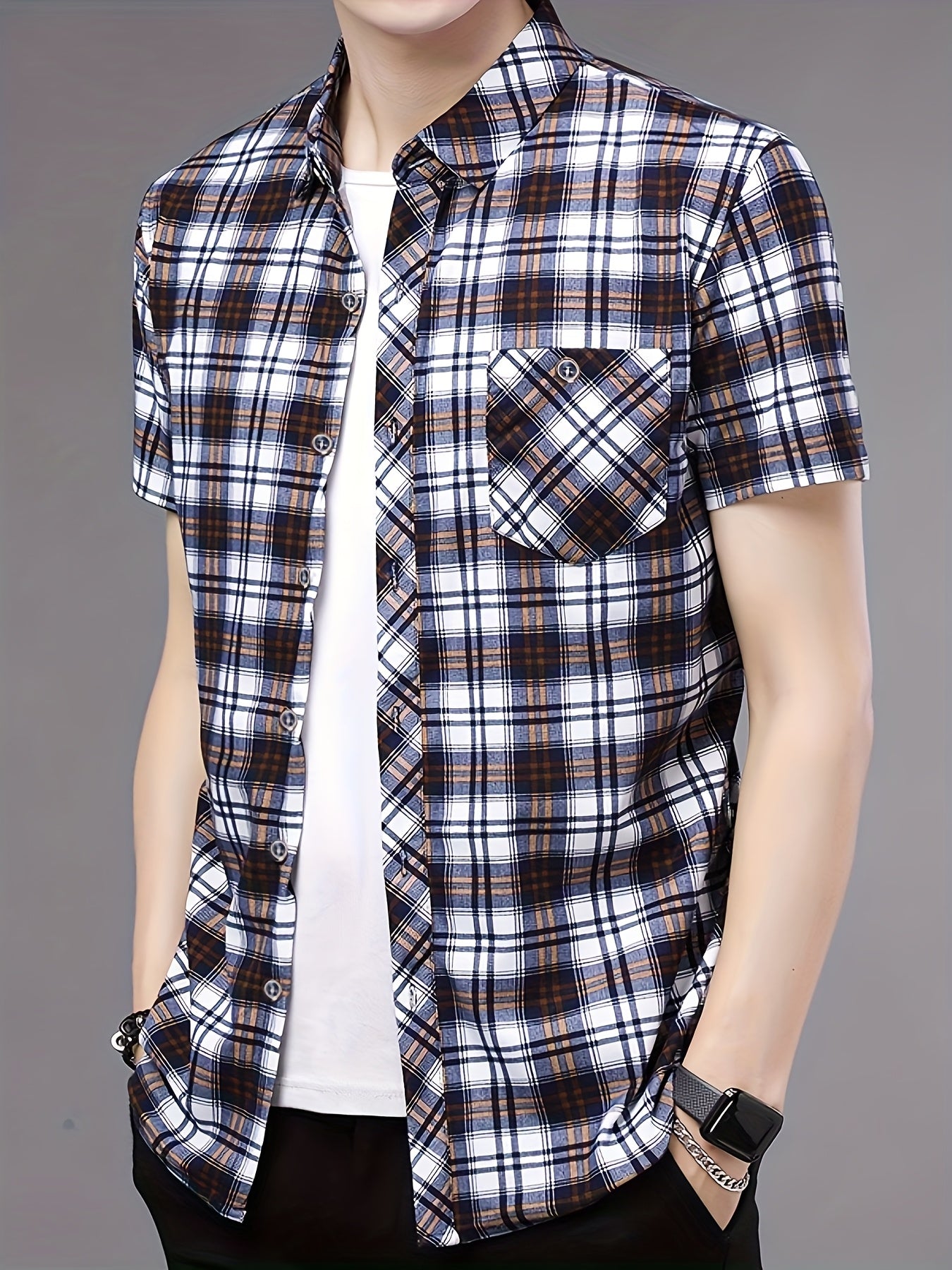Mens Casual 2 Pcs Short Sleeve Plaid Button-Up Shirts