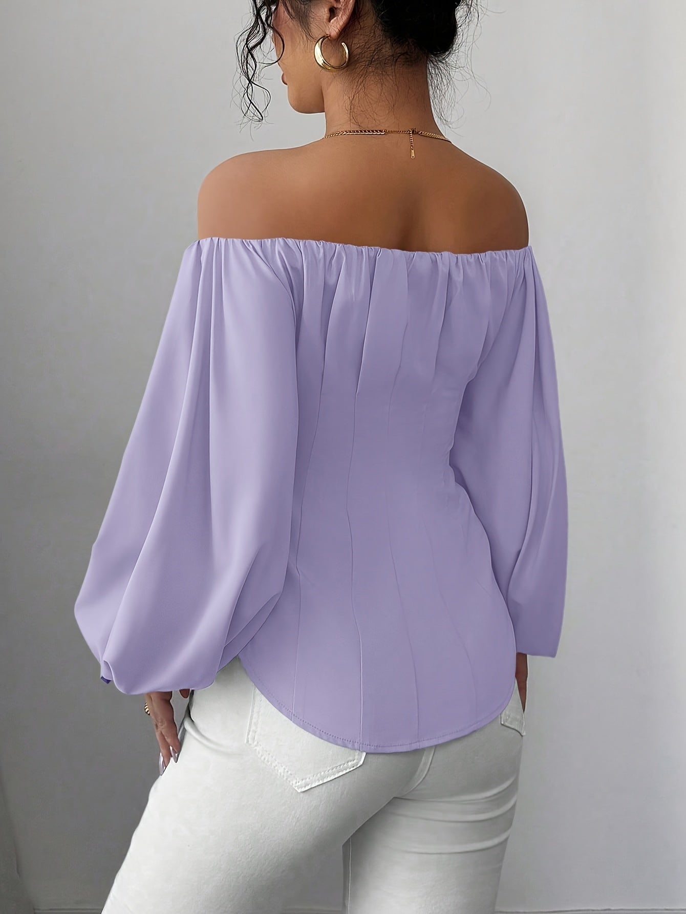 Womens Elegant Off-Shoulder Puff Sleeve Slim Fit Solid Colour Top