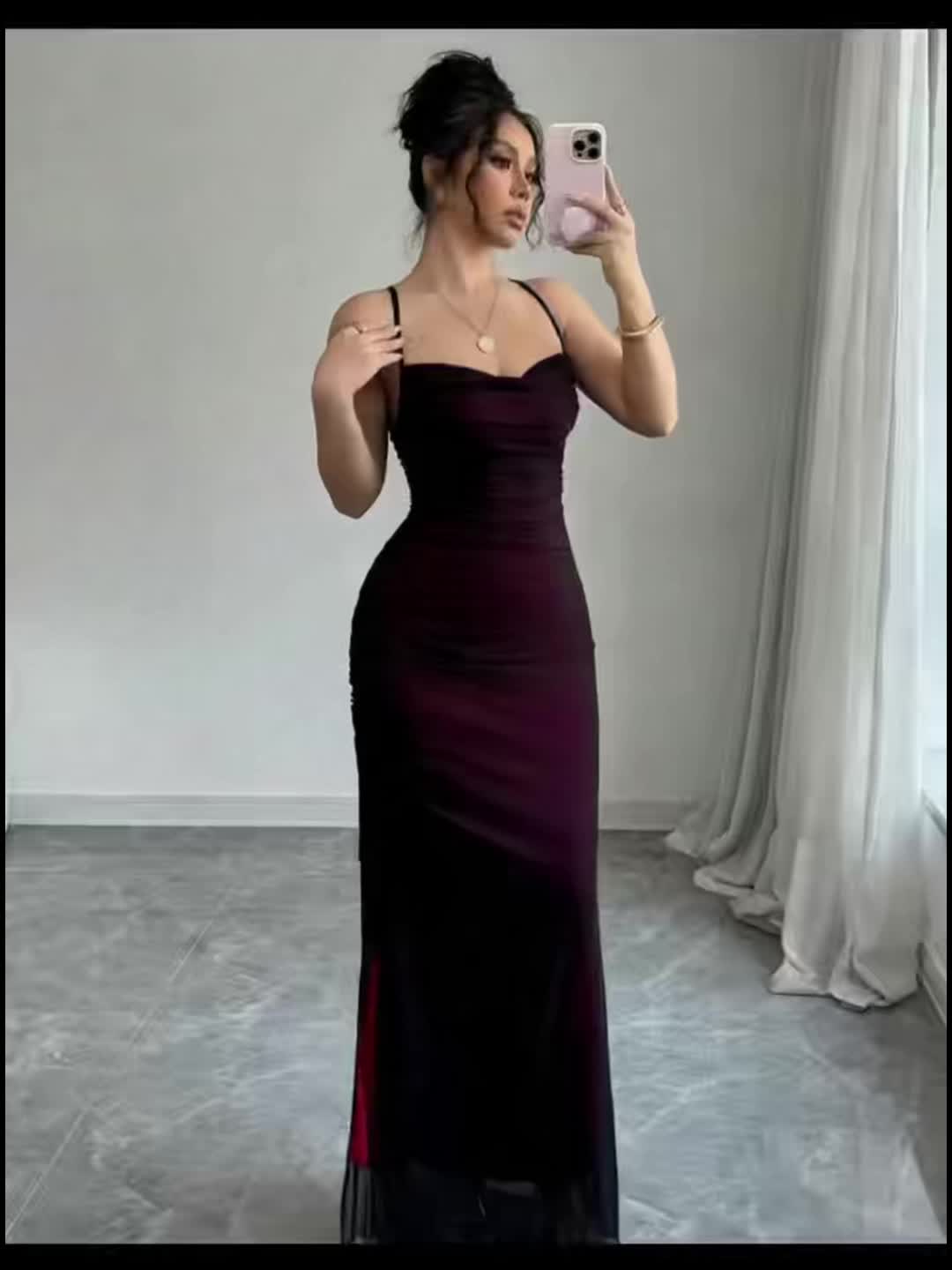 Womens Elegant High-Stretch Mesh Solid Colour Adjustable Strap Backless Long Bodycon Dress