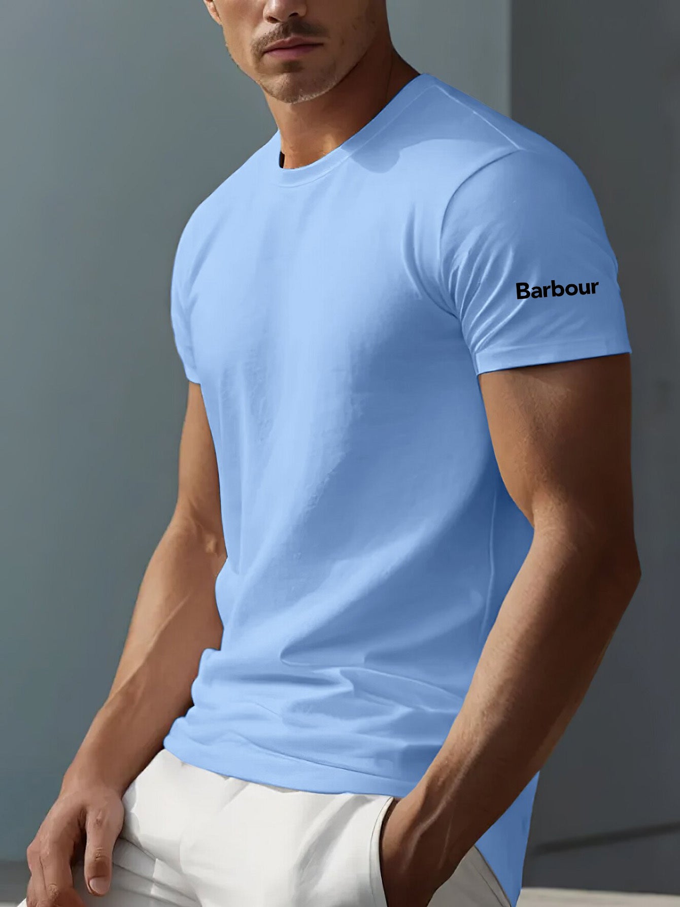 Mens Barbour Casual Round Neck Slightly Stretchy Rib-Knit Collar Letter Print Tshirt