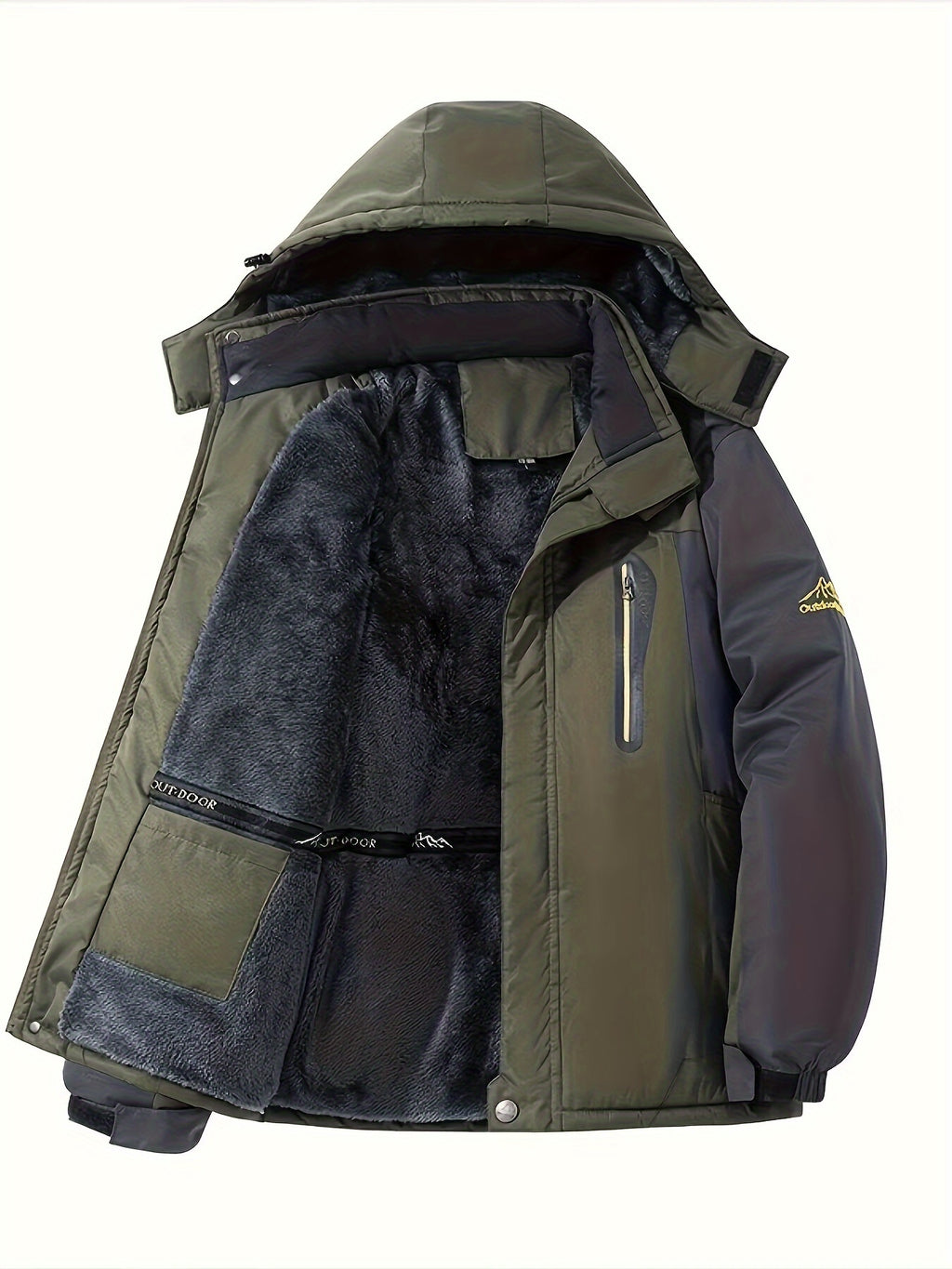 Mens Warm Fleece-Lined Windproof Hooded Front Zip Winter Jacket