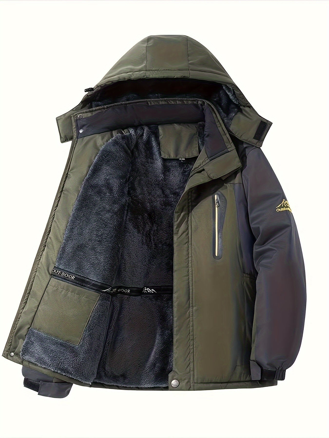 Mens Warm Fleece-Lined Windproof Hooded Front Zip Winter Jacket