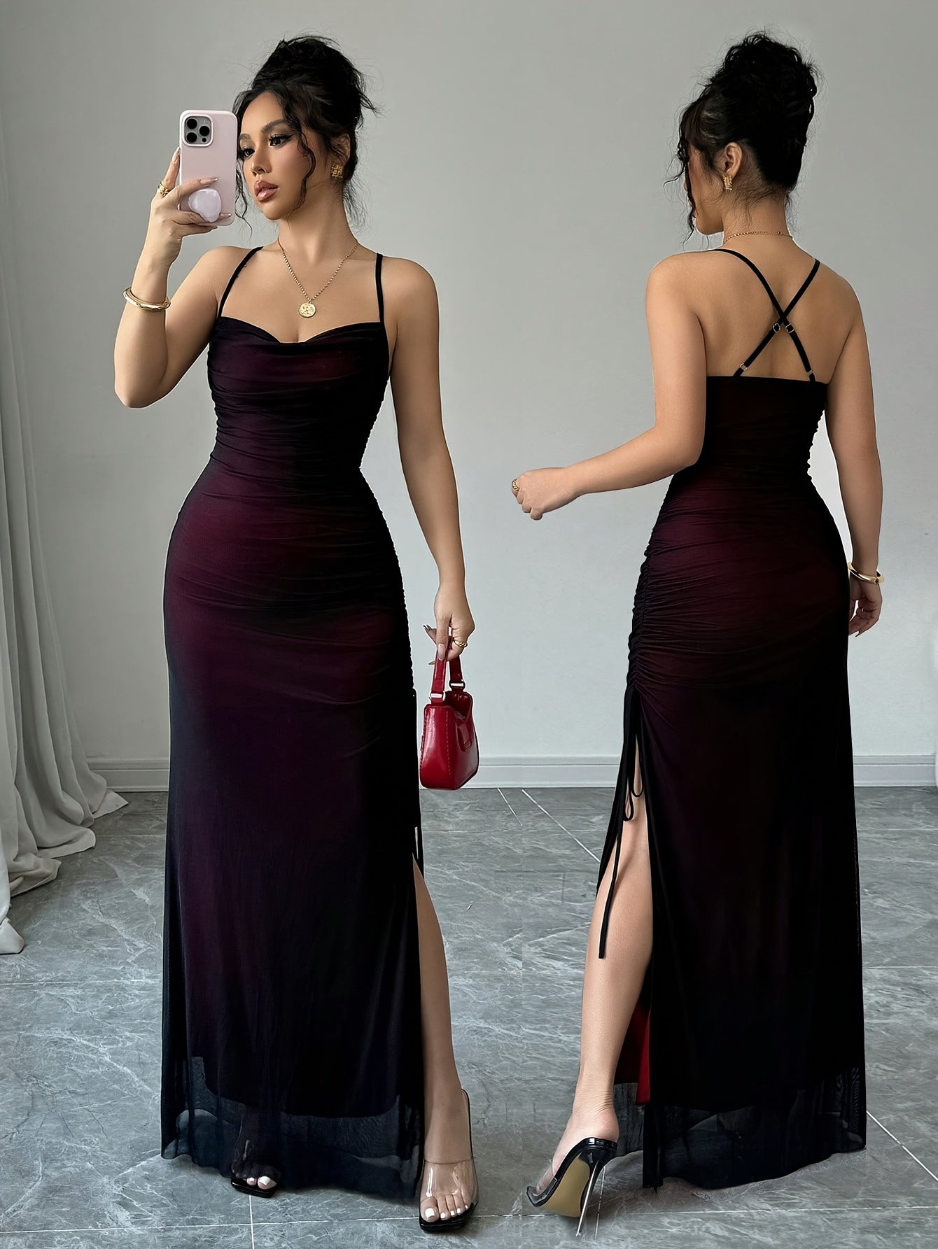 Womens Elegant High-Stretch Mesh Solid Colour Adjustable Strap Backless Long Bodycon Dress