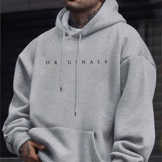 Mens Fleece-Lined Hooded Letter Print Oversized Casual Kangaroo Pocket Sweatshirt