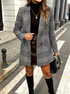 Womens Elegant Slim-Fit Plaid Tweed Houndstooth Pattern Winter Coat
