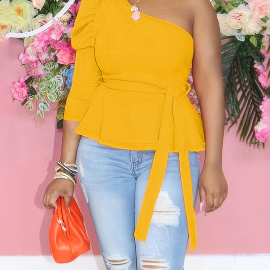 Womens Solid Colour One Shoulder Belted Elegant Puff Long Sleeve Asymmetric Top