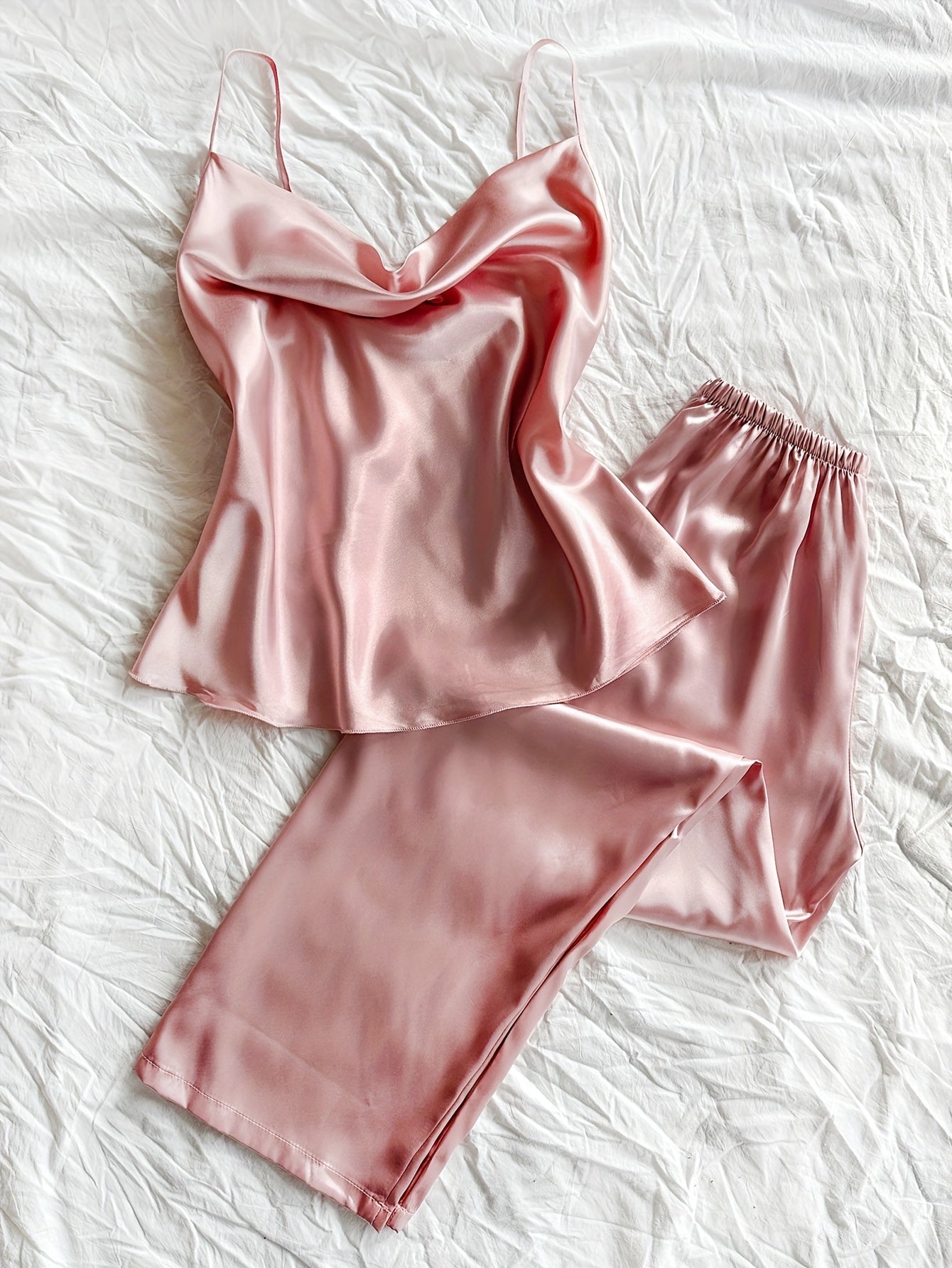 Womens Casual Relaxed Fit Sexy Satin Cowl Neck Backless Cami Top & Pants Set