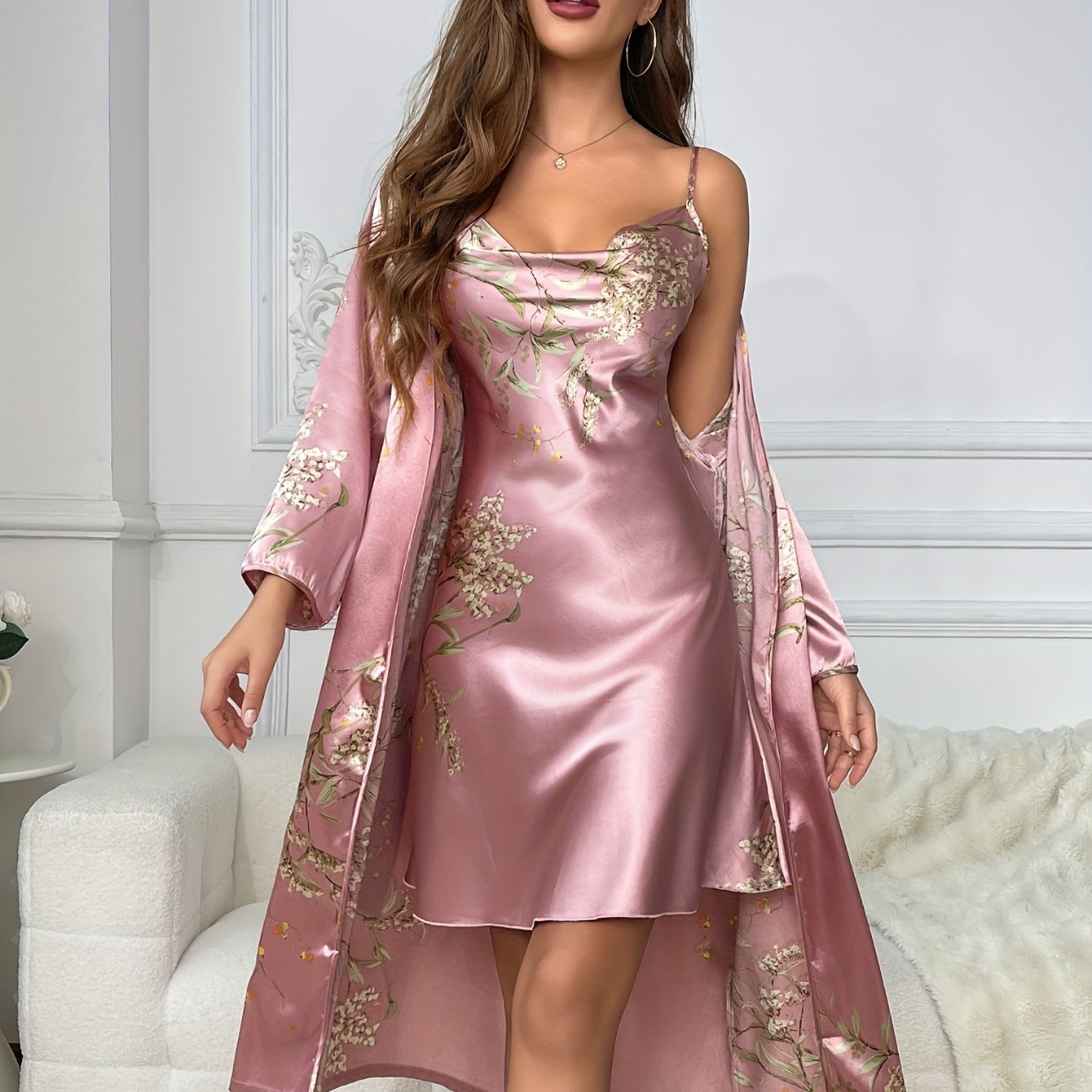 Womens Satin Cherry Print Cowl Collar Loungewear Set