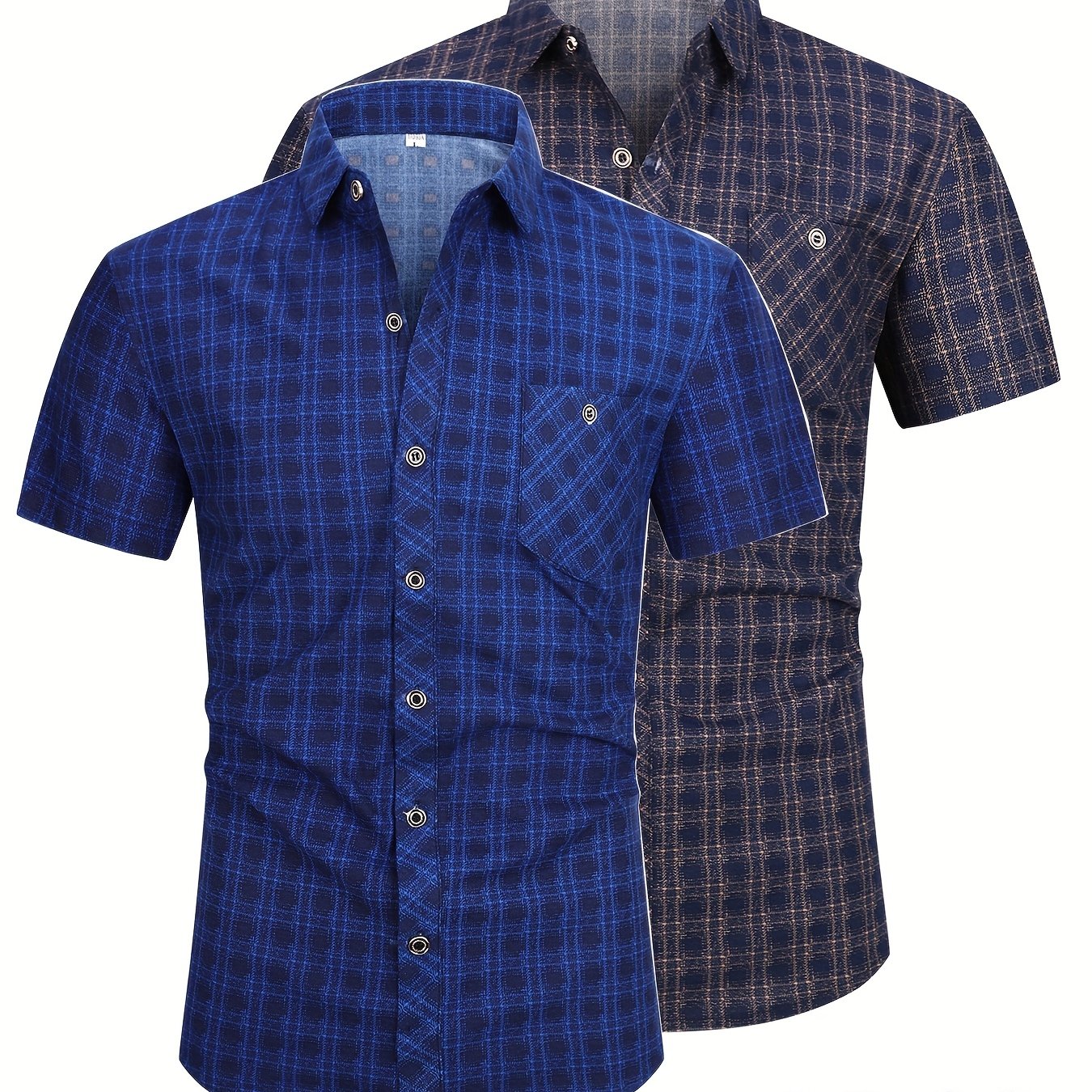 Mens Casual 2 Pcs Short Sleeve Plaid Button-Up Shirts