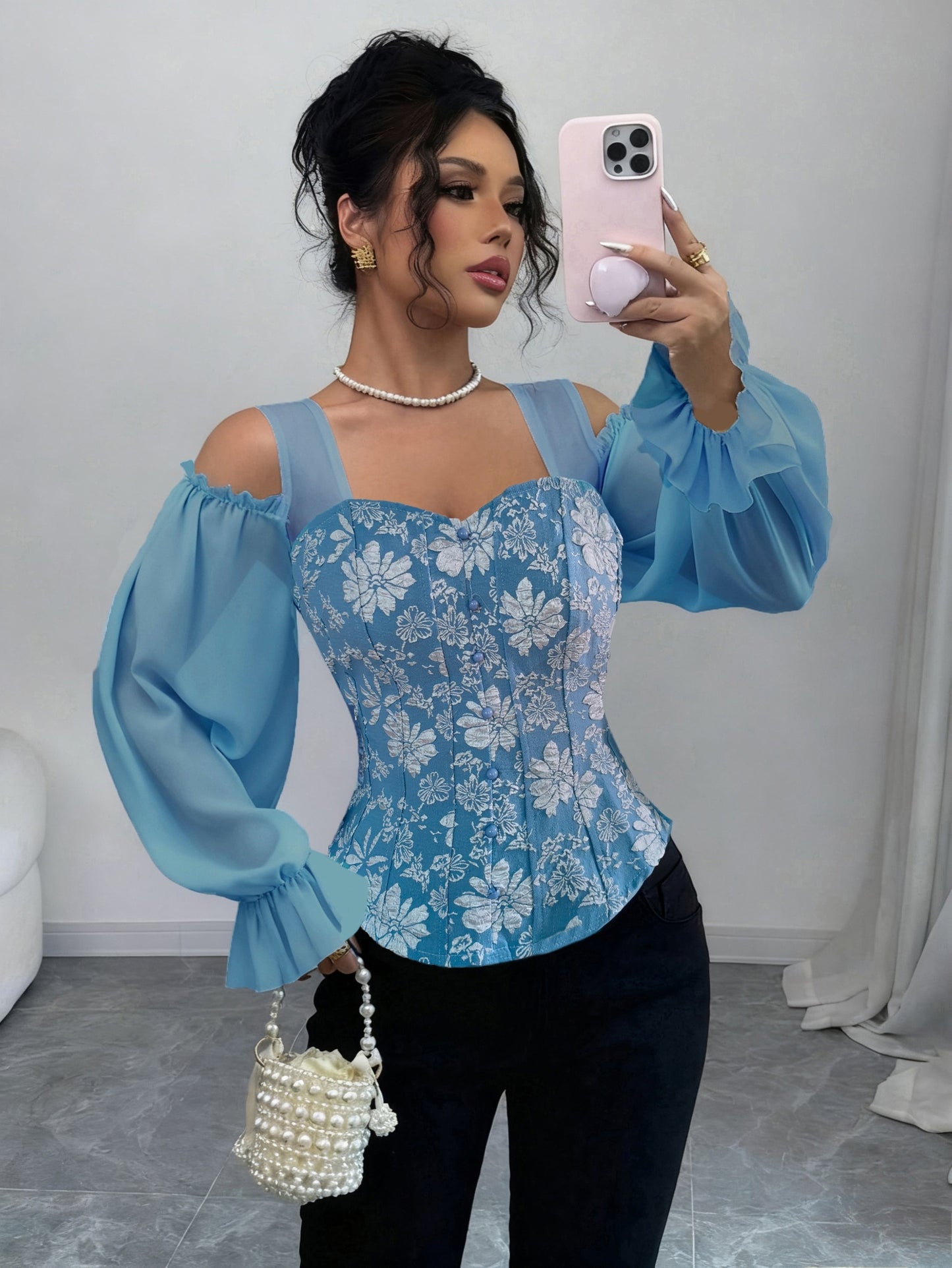 Womens Floral Jacquard Elegant Off-Shoulder Lantern Sleeves Square Neck Top