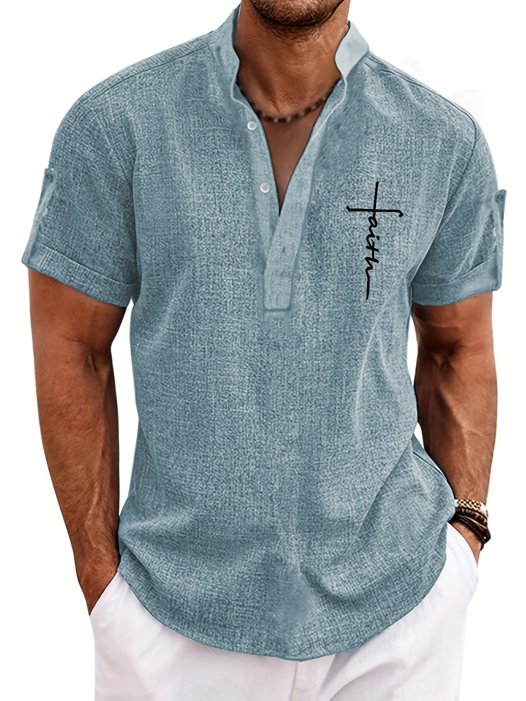 Mens Casual Graphic Print Short Sleeve Stand Collar Breathable Shirt