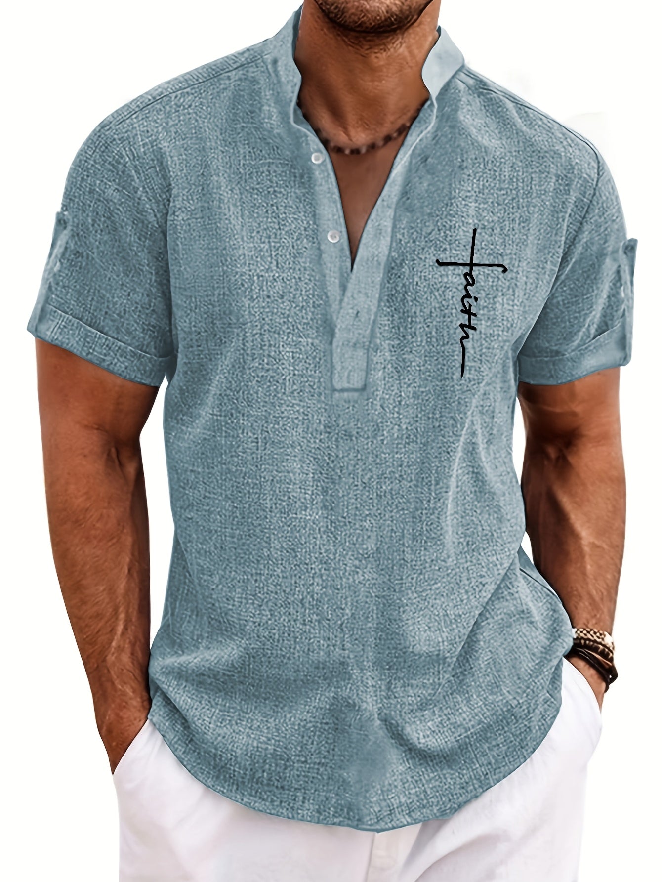 Mens Casual Graphic Print Short Sleeve Stand Collar Breathable Shirt
