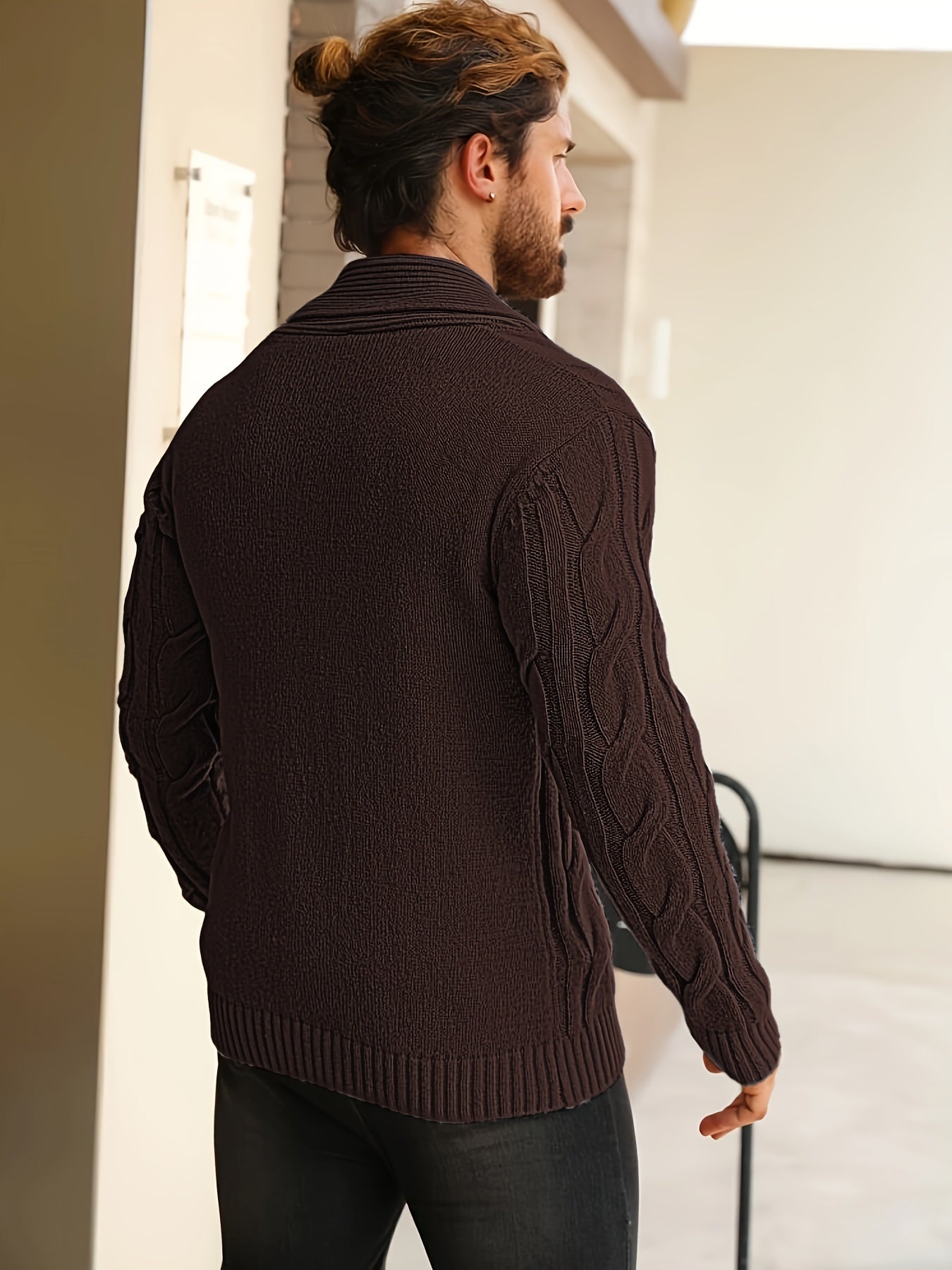 Mens Geometric Print Casual Long Sleeve Knitted Lapel Button Up Sweater