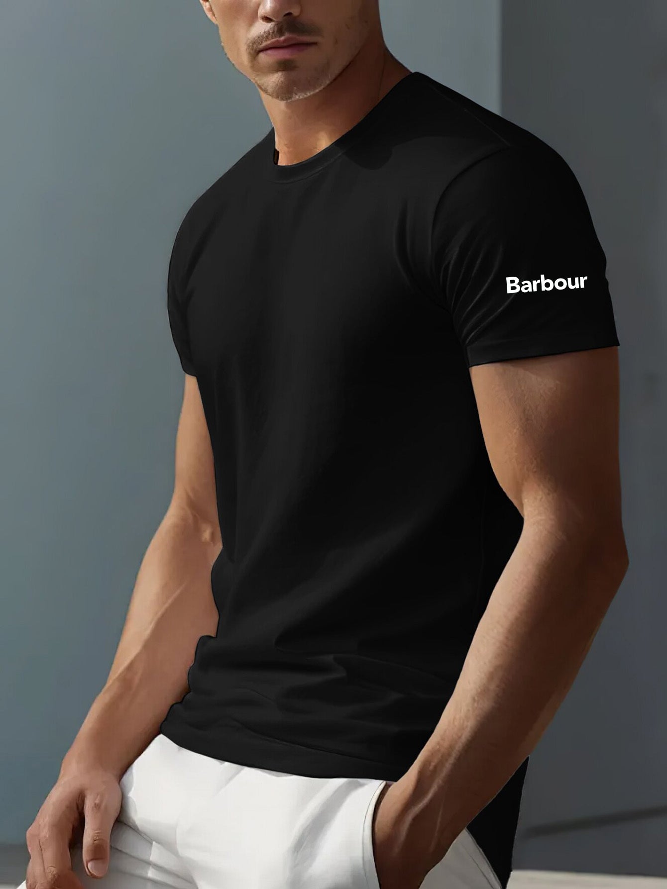 Mens Barbour Casual Round Neck Slightly Stretchy Rib-Knit Collar Letter Print Tshirt